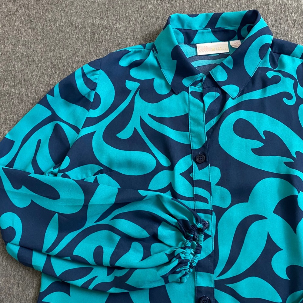 Belle by Kim Gravel Teal Navy Blue Abstract Floral Blouse XXS A620785 2XS Button